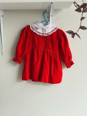 Vintage Comfy Lil Angel Red Velvet Baby Dress Removable‎ Lace Collar 24M